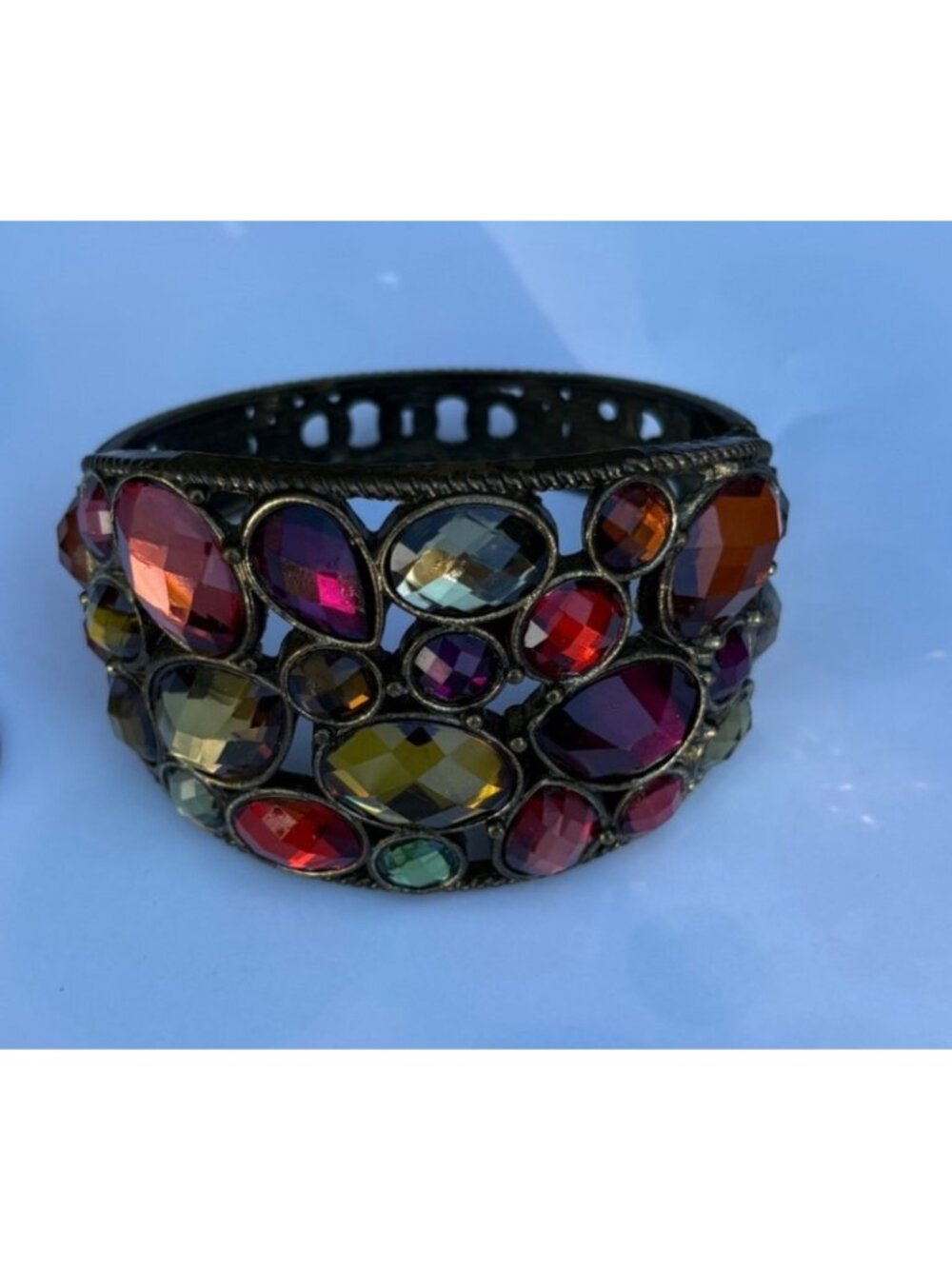 Gold Tone Hinged Wide Cuff Bracelet Multicolored Faceted Rhinestones Boho